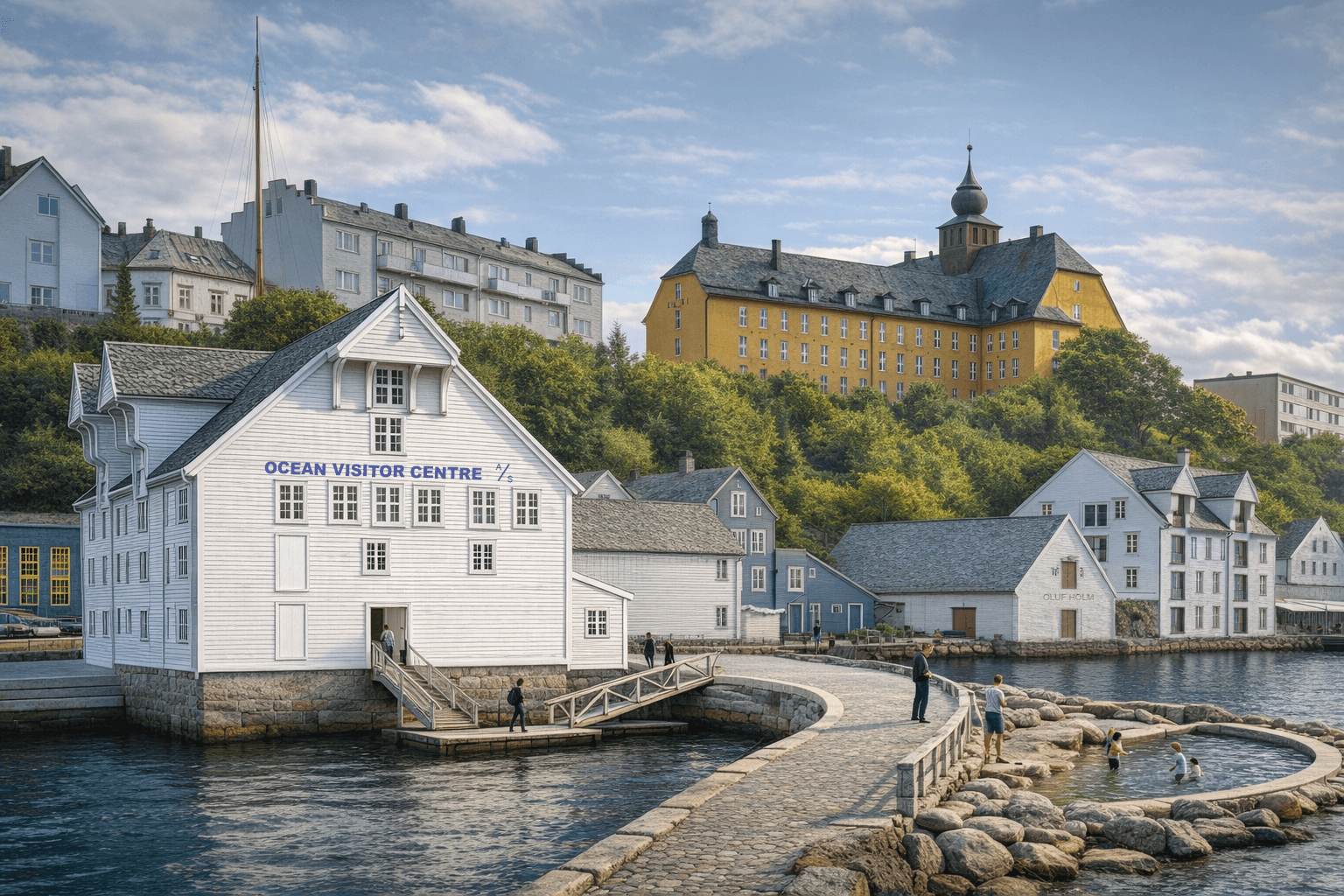 Render showing the visitor center integrated into the Molovegen harbor environment